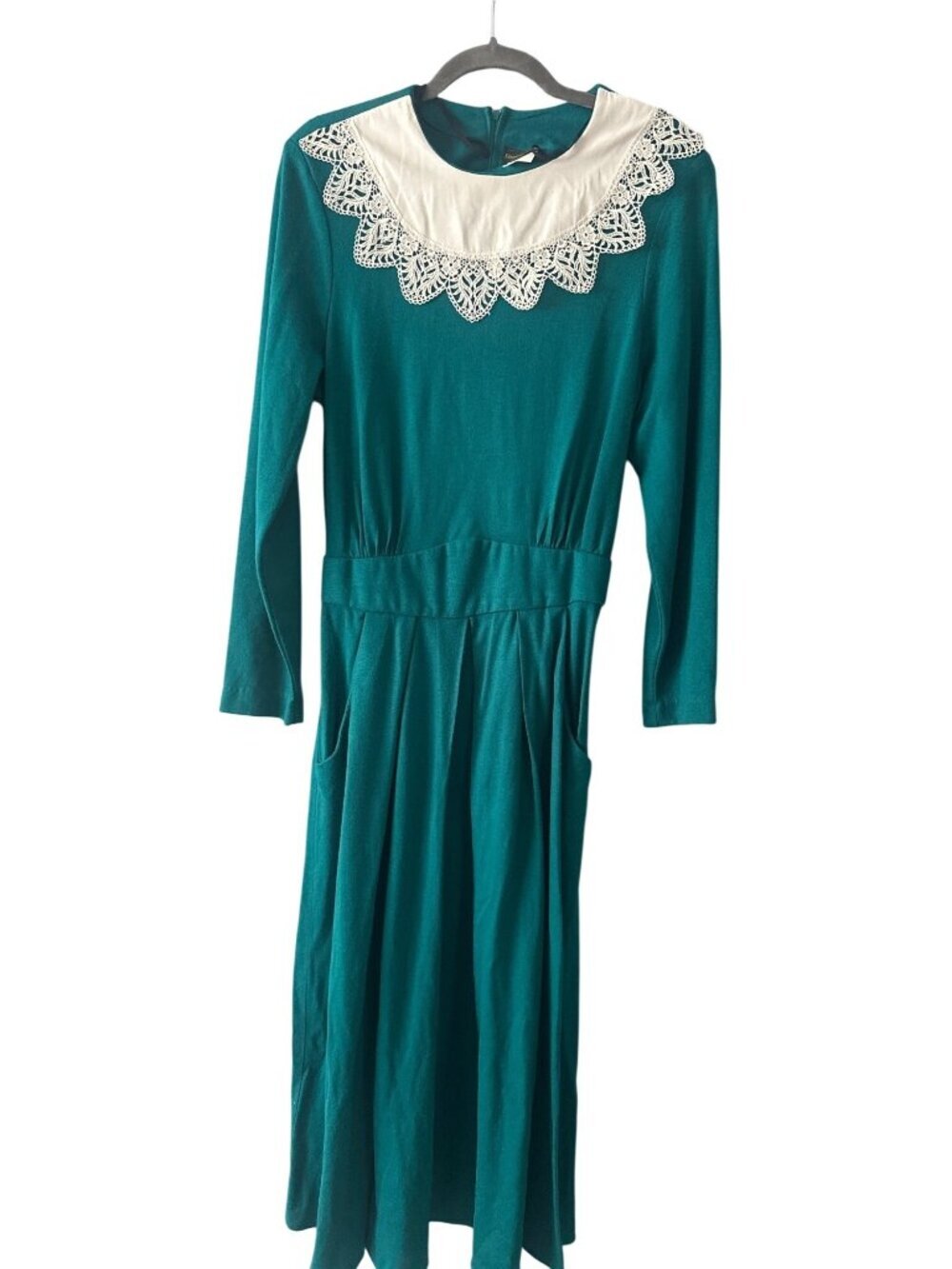 Vintage Stuart Alan USA Teal Prairie Dress Lace Collar Midi Romantic Cottagecore